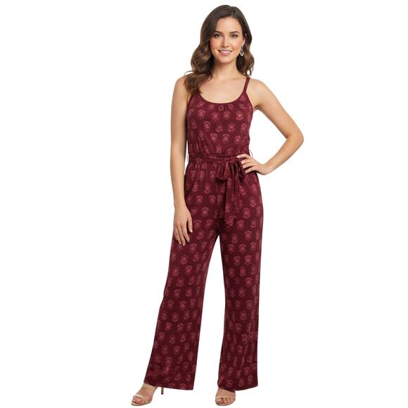 Market & Spruce Sleeveless Red Printed Tie Waist Scoop Neck Jumpsuit Small NWOT - Picture 1 of 9